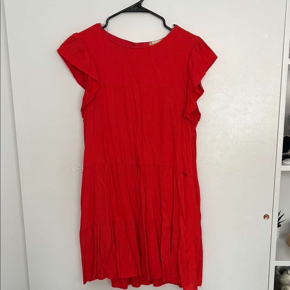 Altar'd State Red/Orange Ruffle Sleeve Tiered Mini Dress